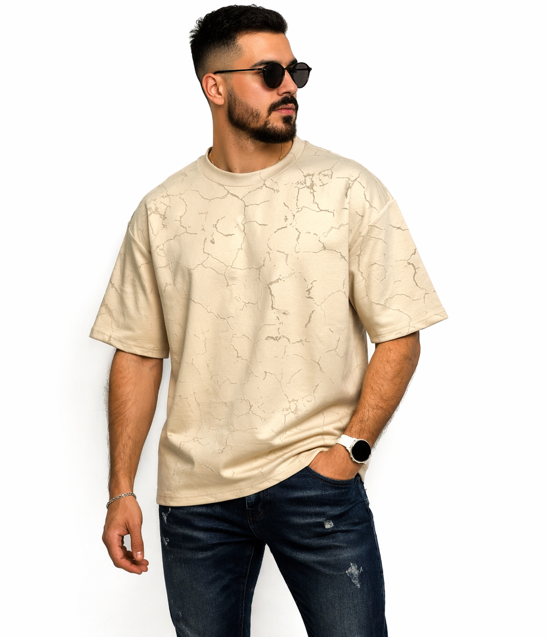 חולצת אוברסייז דגם שברים חאקי - canavaro jeans
