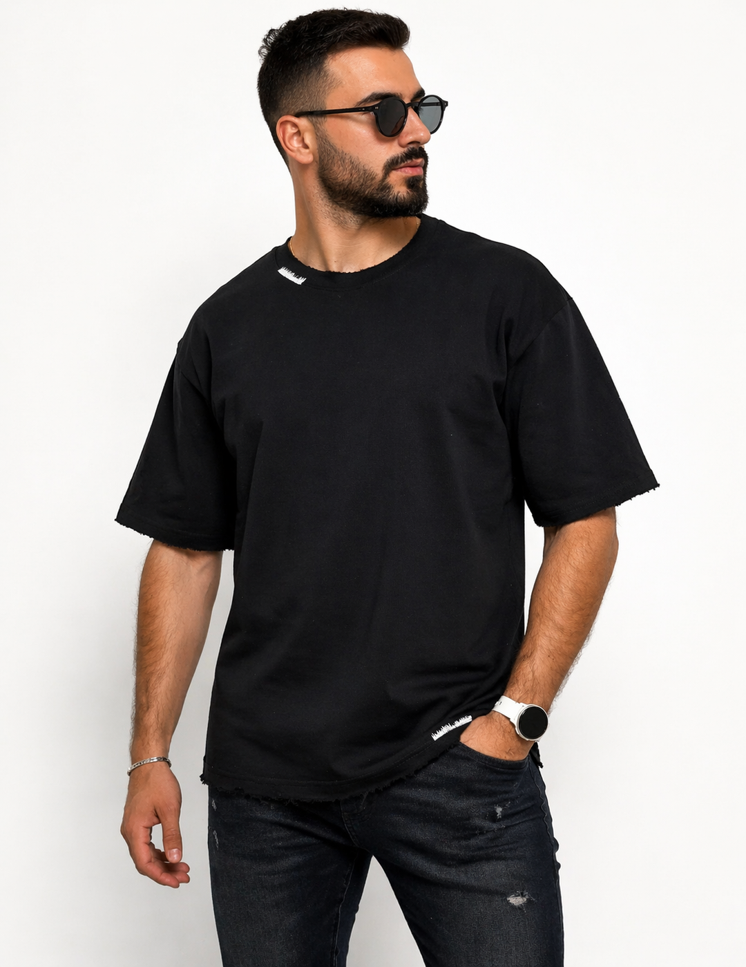 חולצת אוברסייז דגם ריקמה שחור/ לבן - canavaro jeans